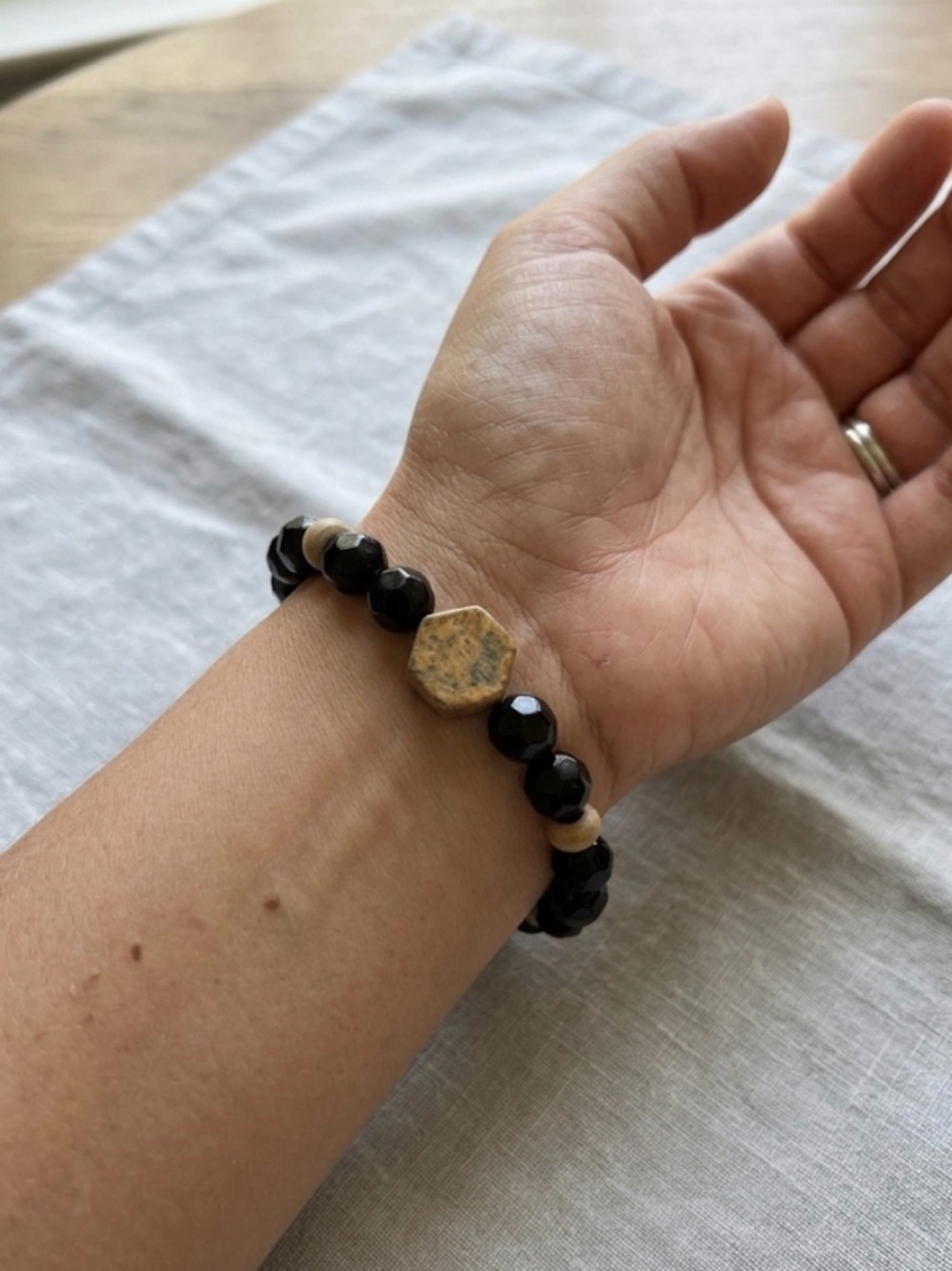 ⛱️ Black Acrylic Bracelet with Wooded and stone accents
